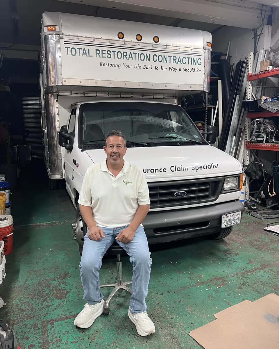 Derek Granieri, President & Owner of Total Restoration Contracting, seated in front of a TRC truck
